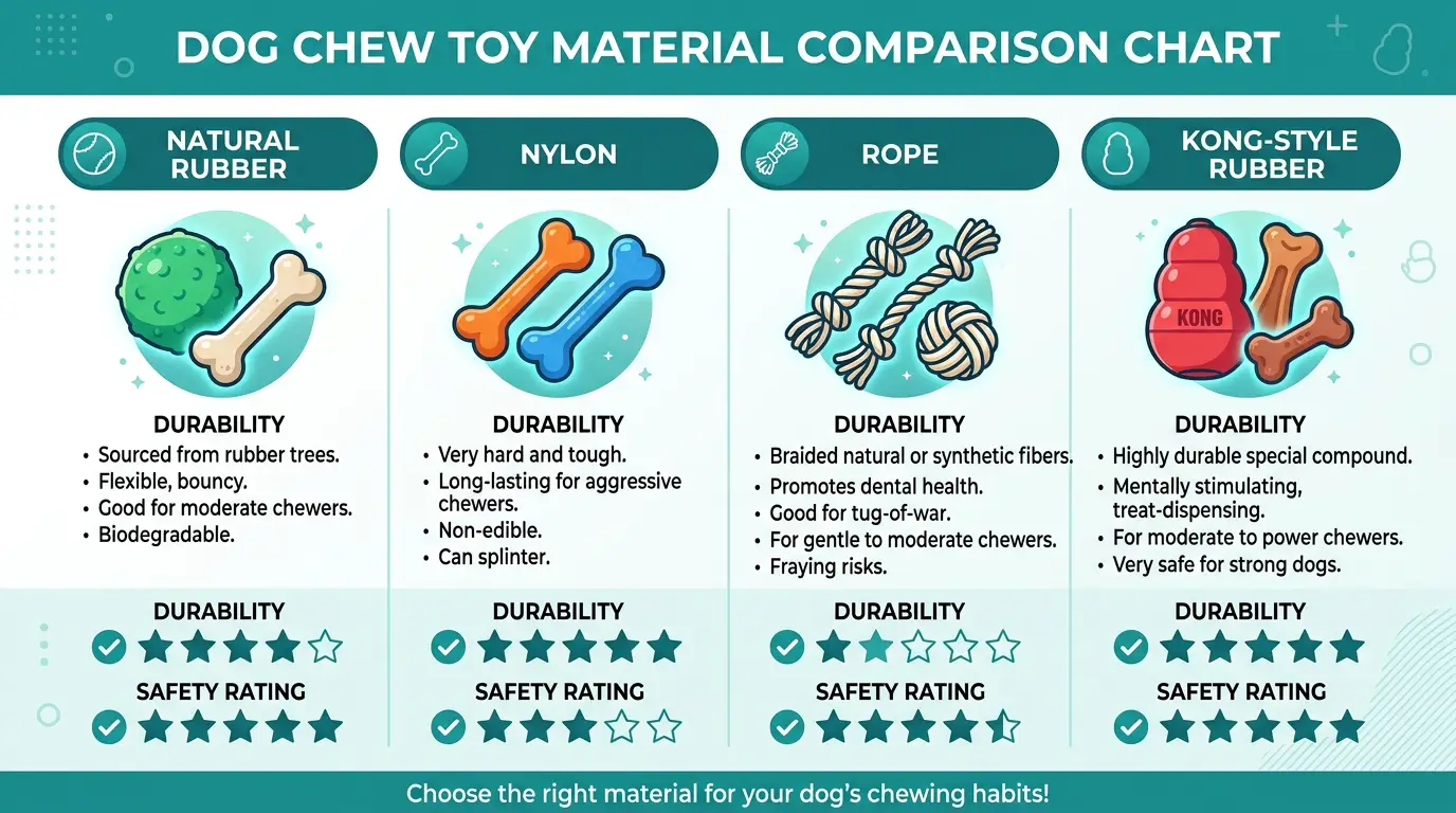 Comparison chart of dog chew toy materials: natural rubber, nylon, rope, and dense rubber compounds