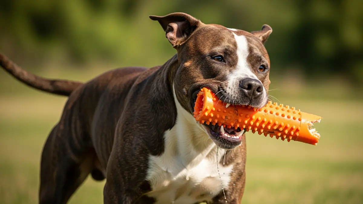 Muscular dog carrying a partially chewed textured rubber toy outdoors