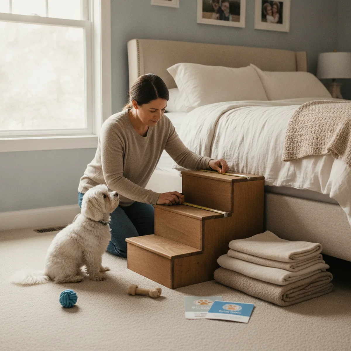 Pet parent measuring bed height before choosing dog stairs