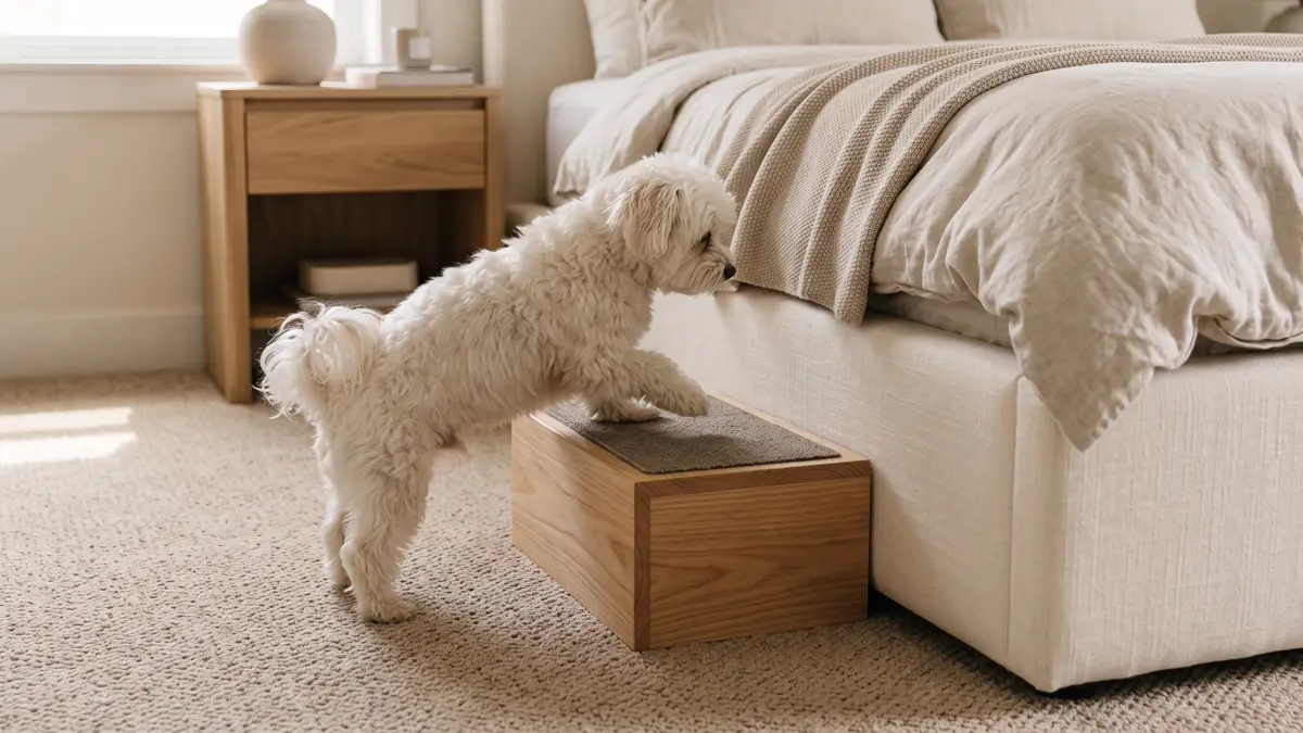 Small white dog resting its front paws on a single low wooden dog step beside a bed