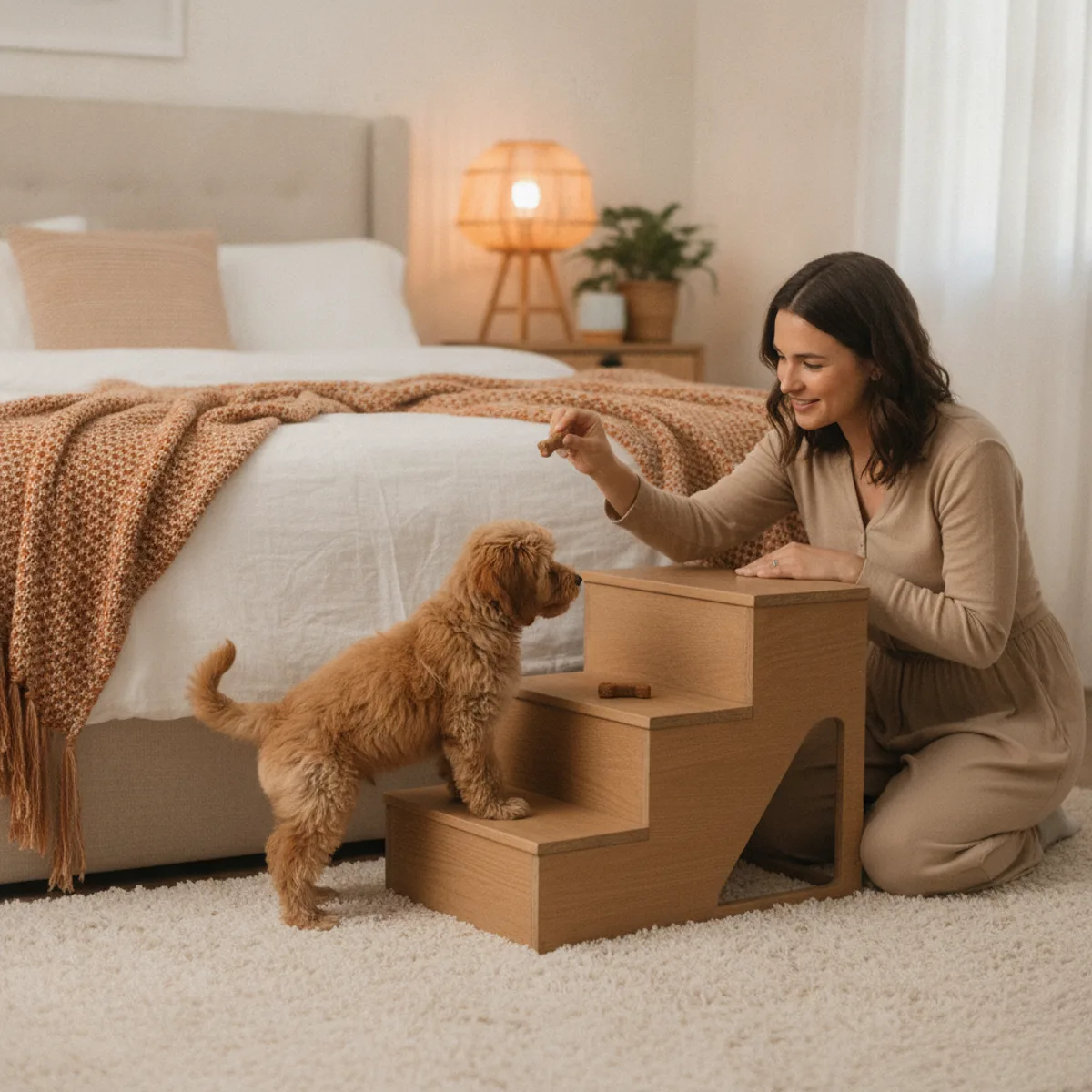 Pet parent training a small dog to use bedside stairs with treats