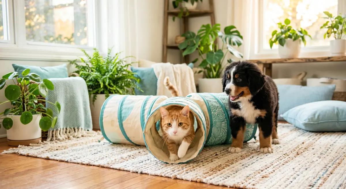 Indoor cat exploring a soft tunnel similar to a caterpillar bed