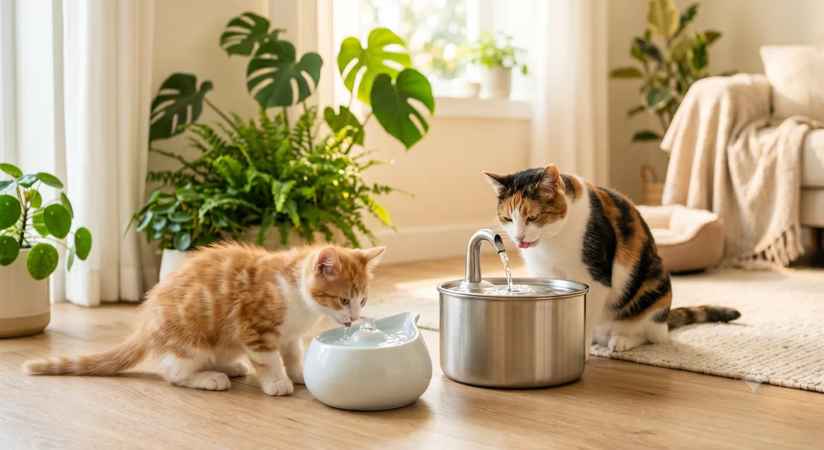 Cat hydration station with fountain and easy cleaning layout