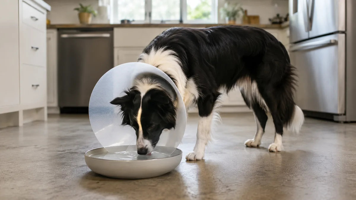 Border collie drinking water from a wide shallow bowl while wearing a plastic recovery cone