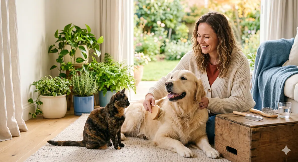Owner reviewing and organizing dog grooming tools in a calm setup