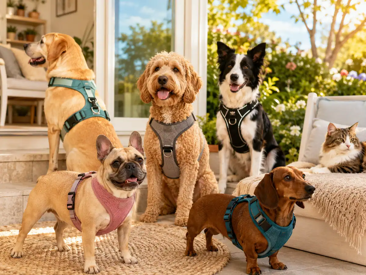 Dog with harness fit guide showing a comfortable daily walking setup