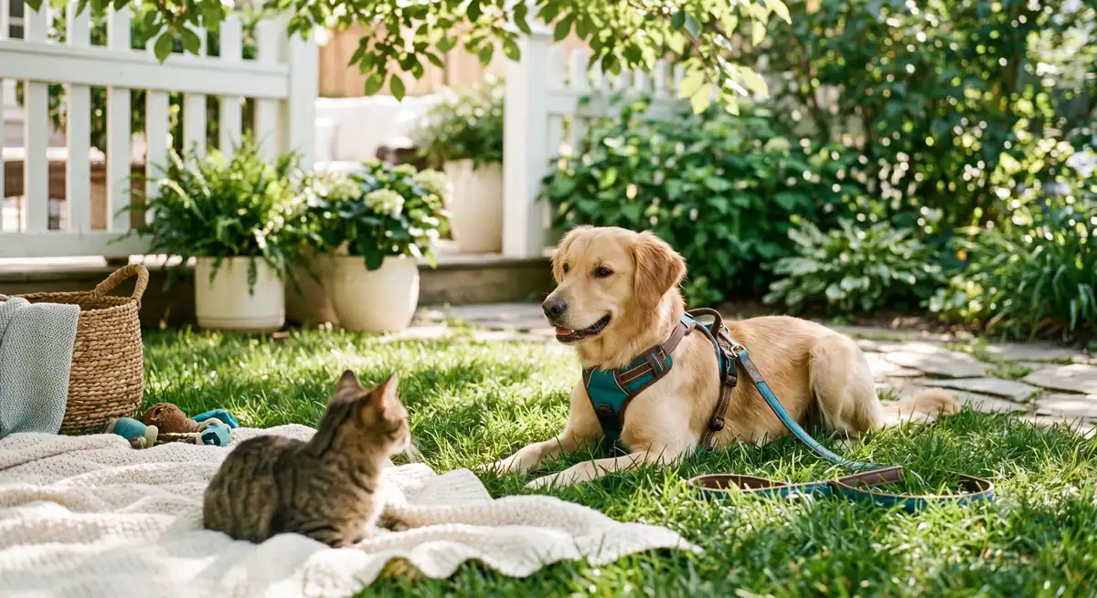 Dog harness on dog with visible chest and shoulder fit points