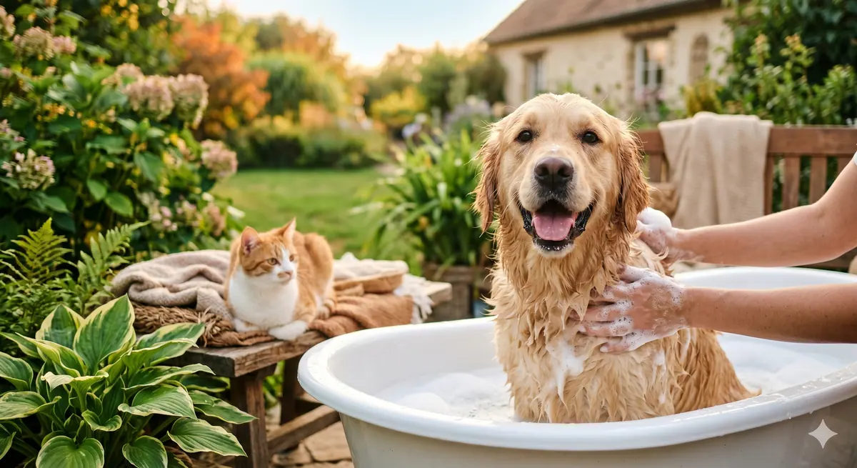 Hands reading the active ingredients and directions on a dog shampoo bottle
