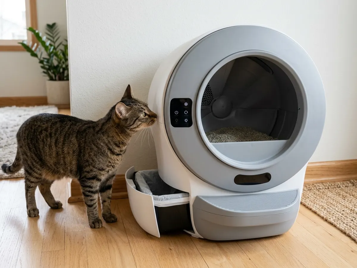 Automatic self-cleaning cat litter box with pull-out waste drawer and control panel