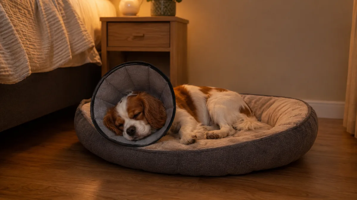 Spaniel sleeping comfortably in a dog bed while wearing a soft fabric recovery cone