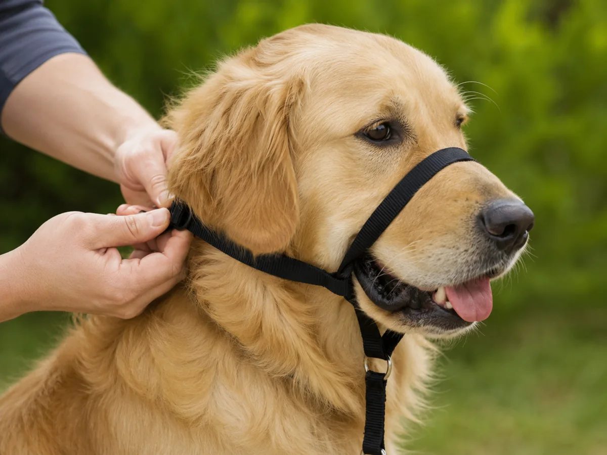 Close-up of a person's hands adjusting the neck strap of a black head halter high behind the ears of a relaxed golden retriever