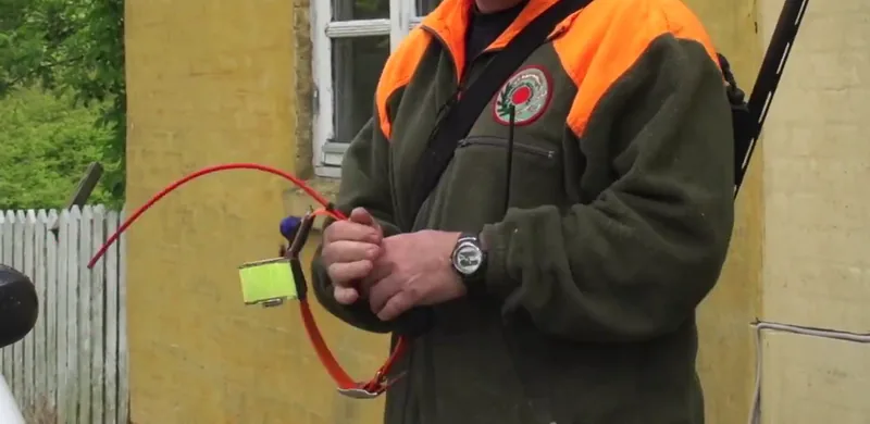Dog handler in an orange and green jacket holding an orange tracking collar fitted with a long flexible antenna
