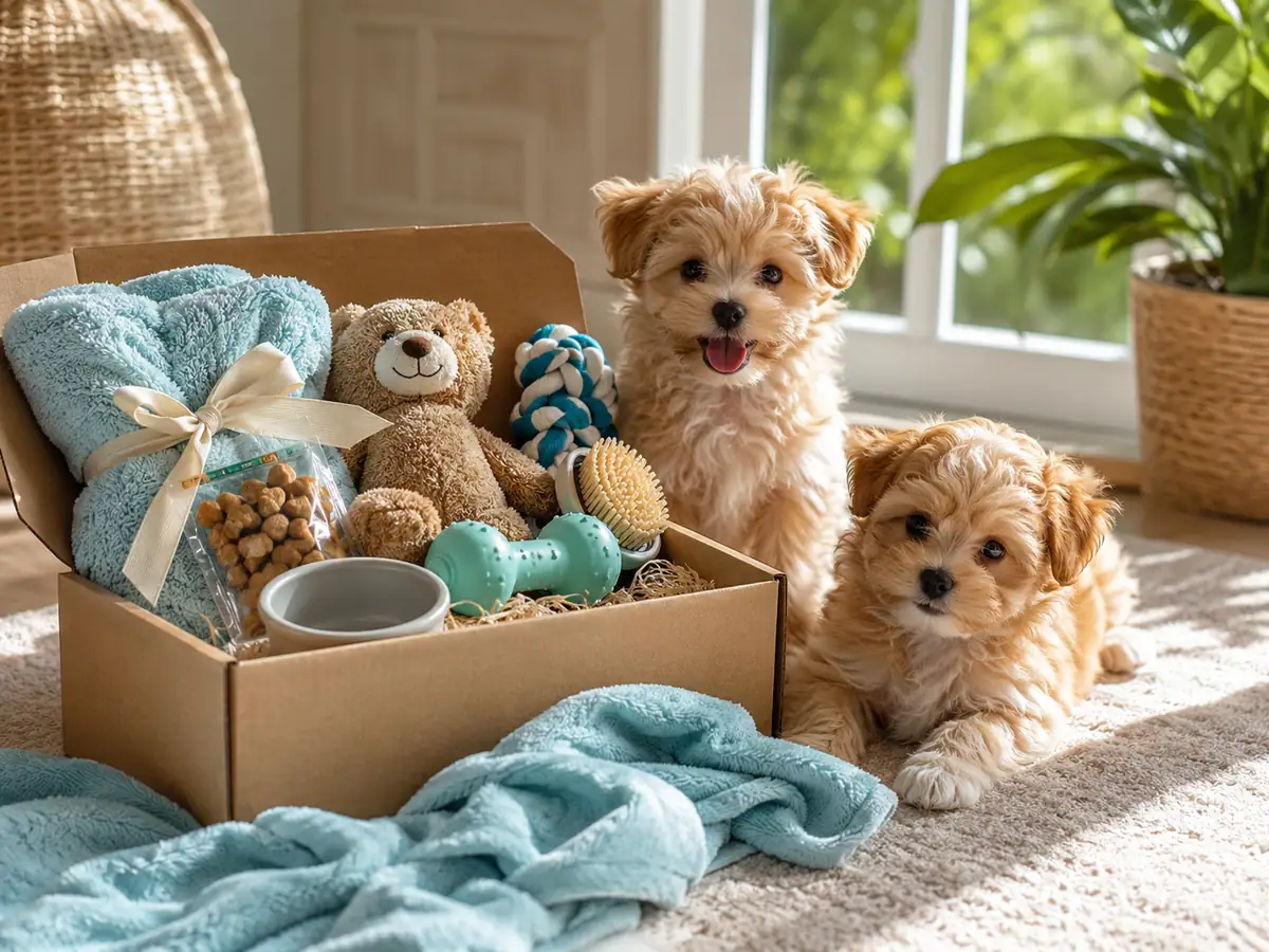 New puppy gift box with starter toys and daily care basics