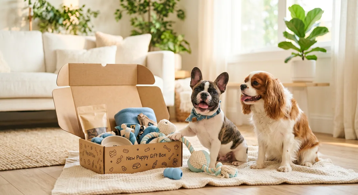 Puppy welcome box designed for safe first-week enrichment