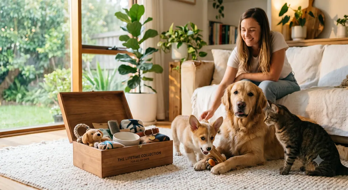 Gift box for a new puppy with comfort and play accessories
