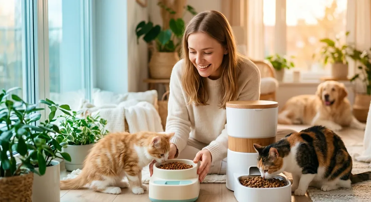 Two cats eating from automatic feeders side by side at home