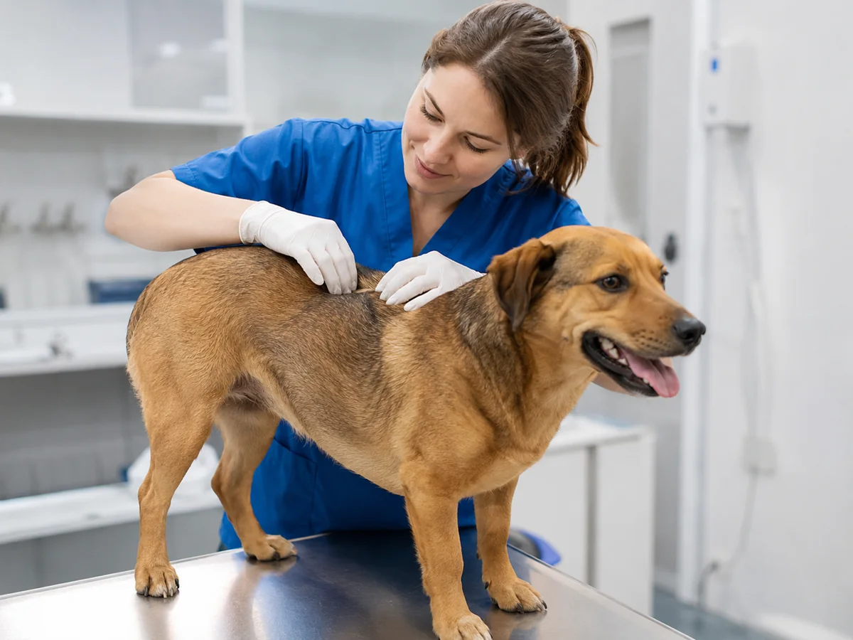 Veterinarian in blue scrubs examining the skin and coat of a calm brown dog on an examination table