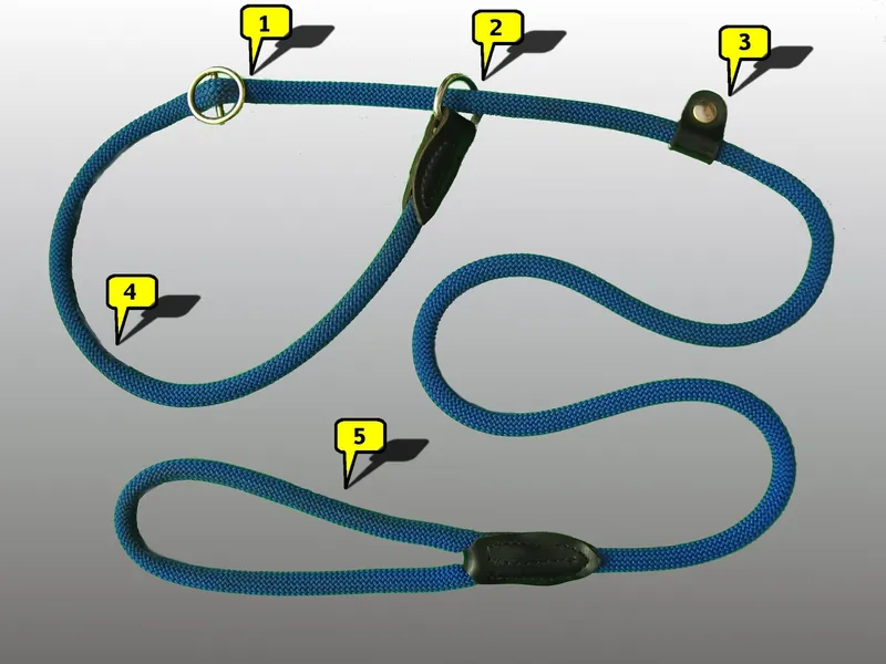 A blue braided rope slip lead laid flat on a grey background, with numbered yellow labels marking a metal ring, a second ring with a leather tab, a leather stopper, the neck loop and the hand loop