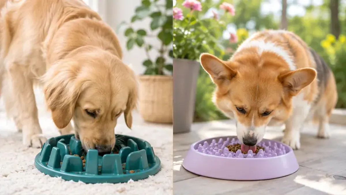Golden retriever and corgi each eating kibble from a slow feeder bowl with raised ridges