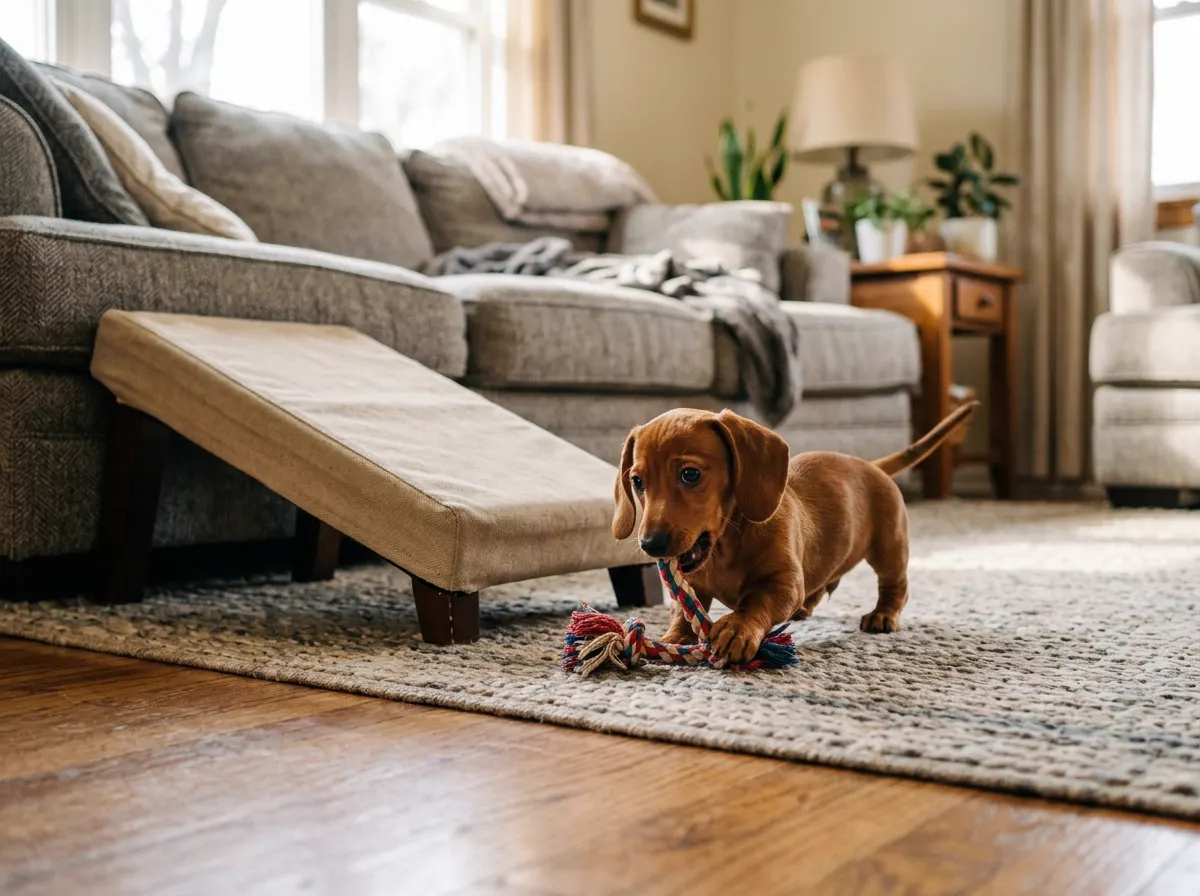 Miniature dachshund puppy playing beside a pet ramp