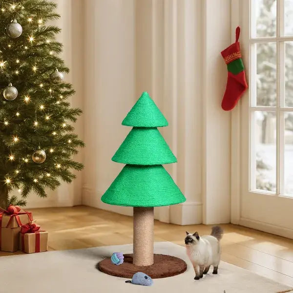 Green Christmas tree cat scratching post next to a decorated holiday tree