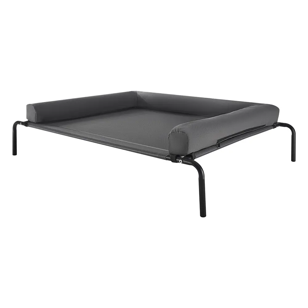 Grey elevated dog cot with a U-shaped bolster pillow on a white background