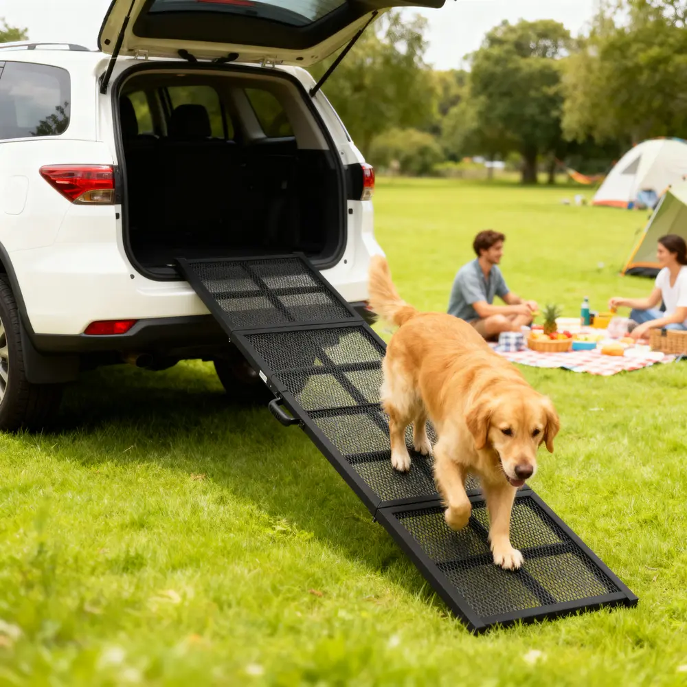 Golden retriever walking down a black folding ramp from an SUV
