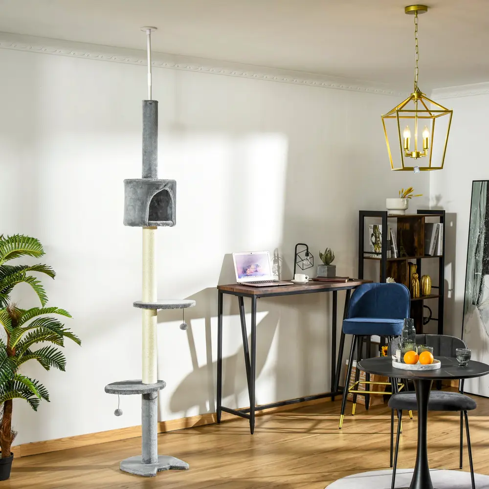 Floor-to-Ceiling Cat Tree, 4 Tiers with Condo, Light Gray