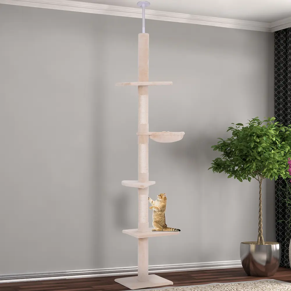 Floor-to-Ceiling Cat Tree, 5 Levels with Hammock, Beige
