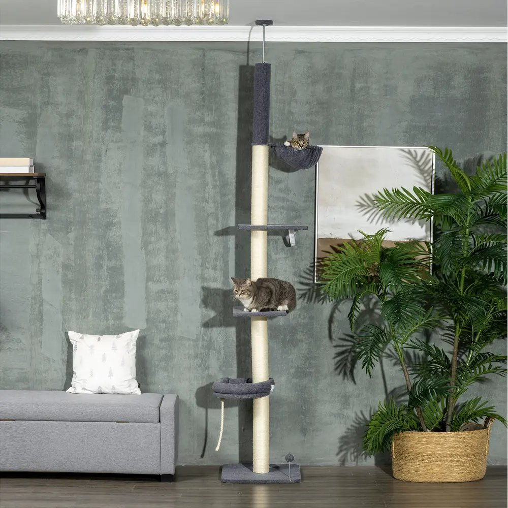 Floor-to-Ceiling Cat Tree, 5 Tiers with Bed and Hammock