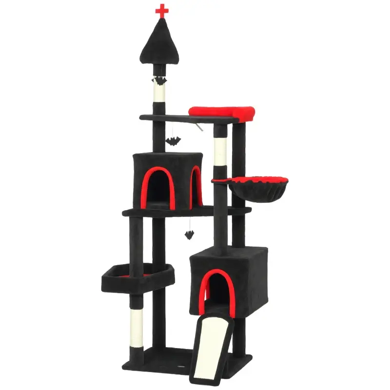 Black gothic cat tree with red accents, two condos, hammock and spire on a white background