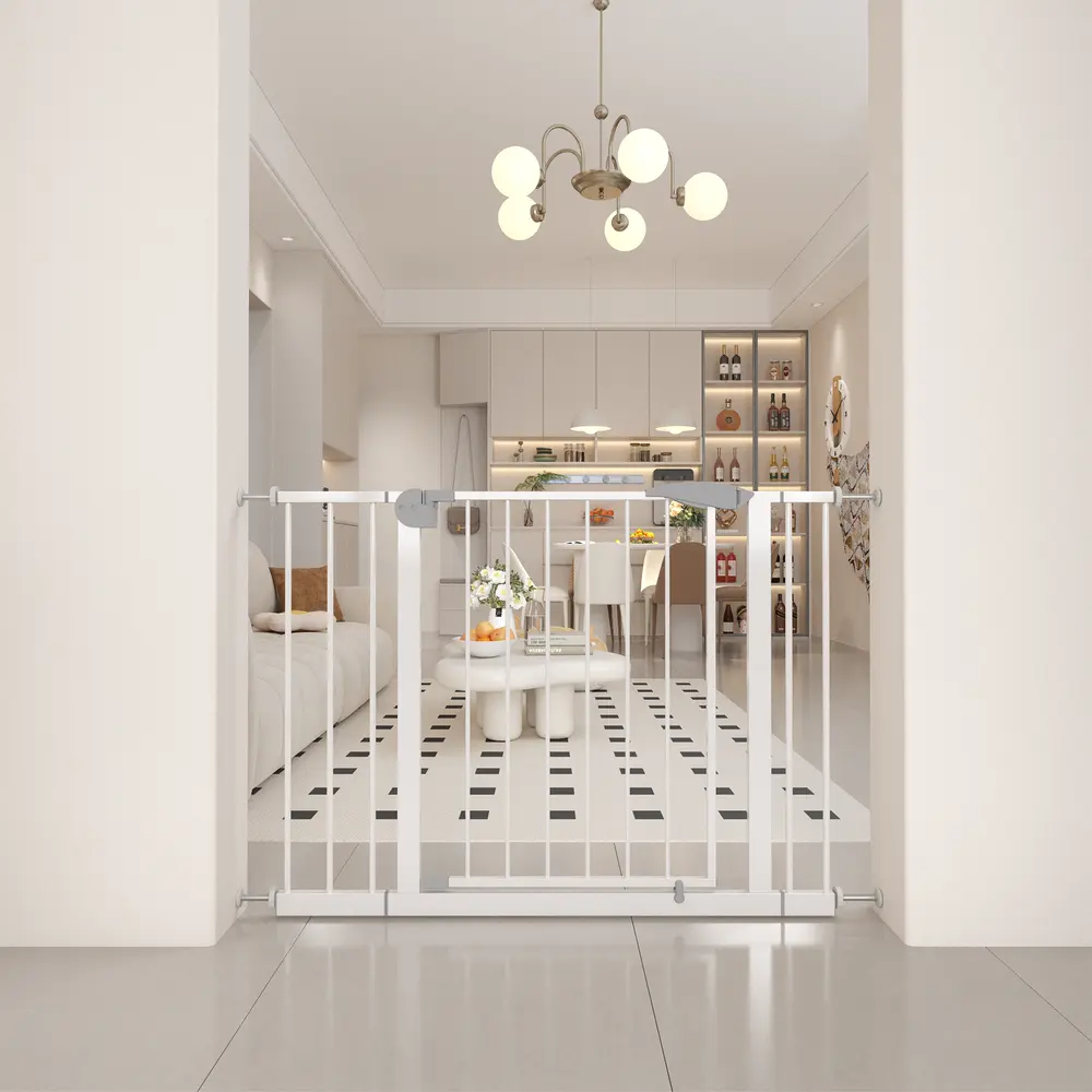 White pressure-mounted pet gate installed in a living room opening