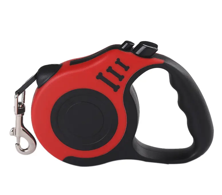 Red retractable dog leash with black grip