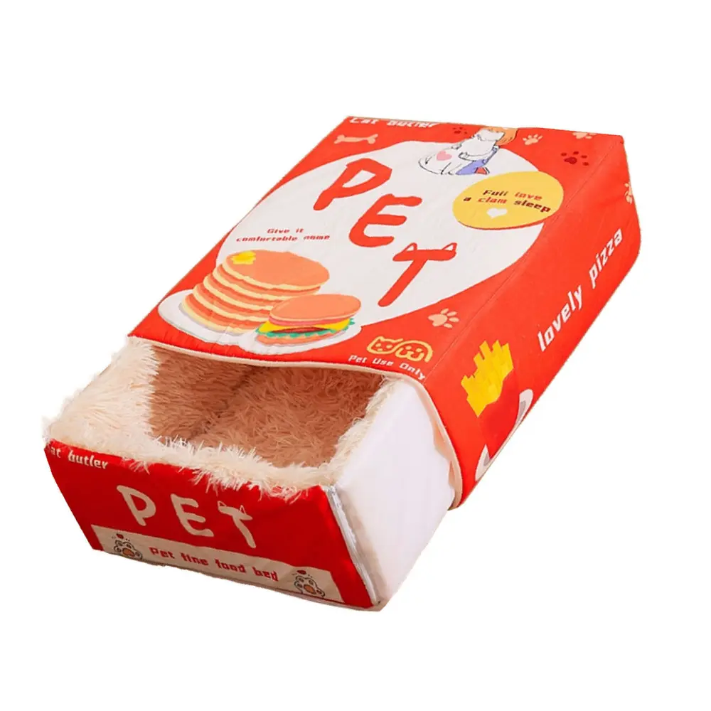 Red snack box shaped cat bed with fluffy lining on a white background