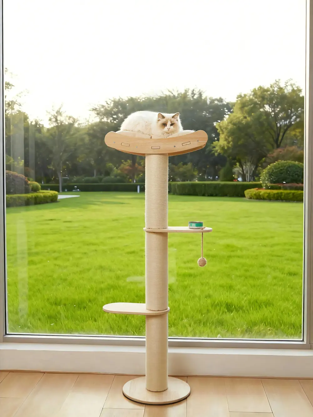 Cat lying on the top perch of a wooden window cat tree with a sisal post